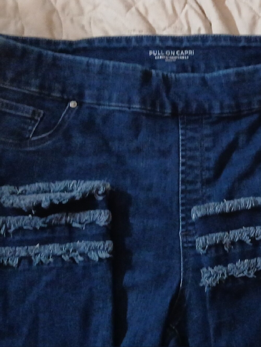 Chico's Dark Indigo Distressed Pull-On Capri Jeans